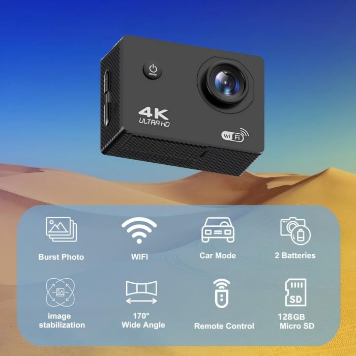 4K 30FPS WiFi Action Camera with 128GB Memory Card- 98FT Waterproof Ultra HD Underwater Camera, 170° Wide Angle 2.0" Screen, Sports Camera with 2 Batteries, Mounting Accessories Kit (4k cam) - Image 3