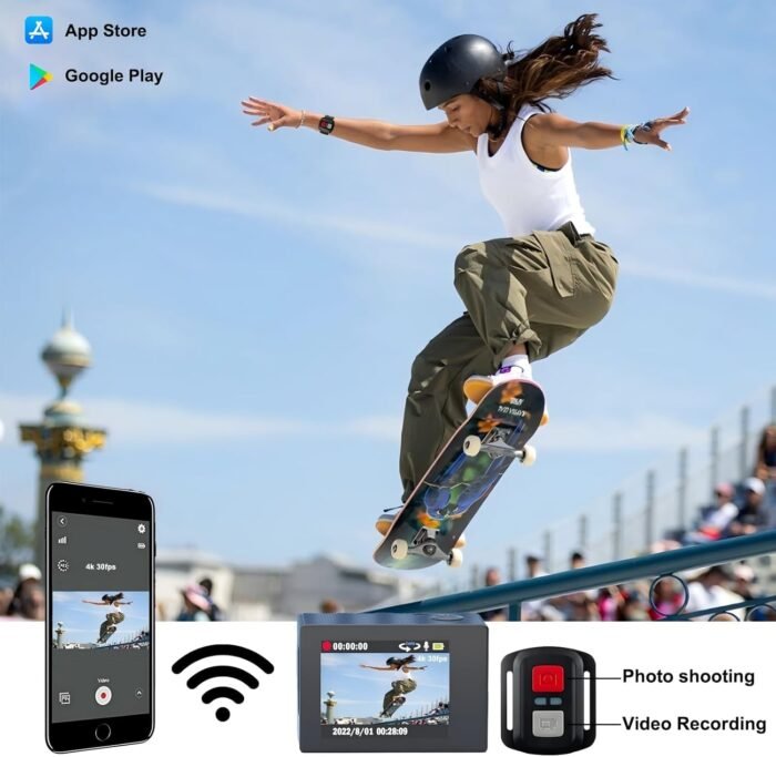 4K 30FPS WiFi Action Camera with 128GB Memory Card- 98FT Waterproof Ultra HD Underwater Camera, 170° Wide Angle 2.0" Screen, Sports Camera with 2 Batteries, Mounting Accessories Kit (4k cam) - Image 5