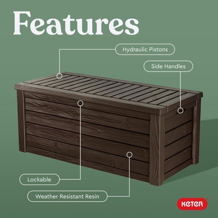 Keter Westwood 150 Gallon Deck Box Organizer, Doubles as 2-Person Bench Seat, Brown – Large Resin Outdoor Storage and Seating with Lockable Lid for Garden, Pool, and Patio - Image 4