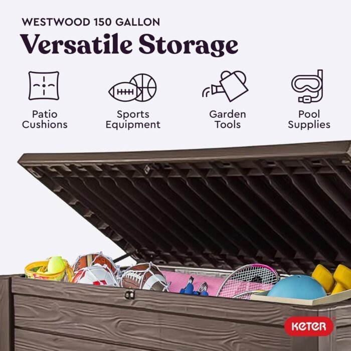 Keter Westwood 150 Gallon Deck Box Organizer, Doubles as 2-Person Bench Seat, Brown – Large Resin Outdoor Storage and Seating with Lockable Lid for Garden, Pool, and Patio - Image 5