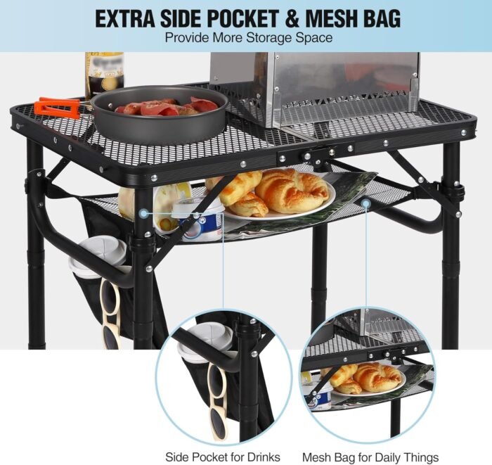 RedSwing Folding Grill Table, Lightweight Height Adjustable Aluminum Table with Mesh Desktop and Mesh Bag for Outdoor Camping Picnic BBQ, Small 2 Feet, Black - Image 6