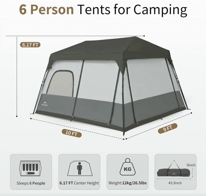 Naturehike Cape 4/6/8 Person Camping Tent, 60S Easy Setup Instant Tent Pop up Tent, Waterproof Large Tall 6/8 Person Tents for Camping, Car Camping - Image 3