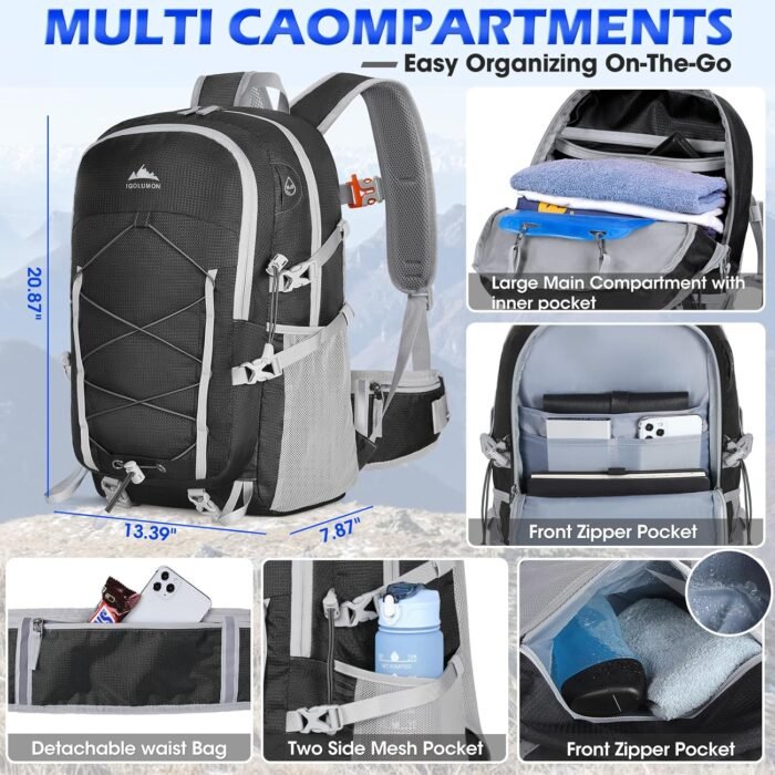 IGOLUMON Hiking Backpack 40L Packable Hiking Daypack for Men Women Waterproof Lightweight Foldable Camping Backpack - Image 3