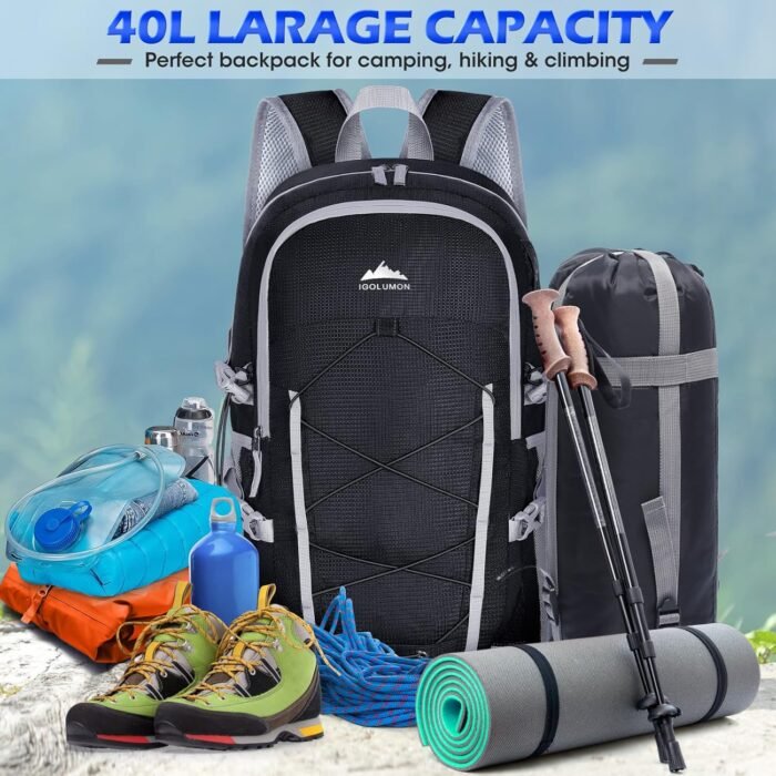 IGOLUMON Hiking Backpack 40L Packable Hiking Daypack for Men Women Waterproof Lightweight Foldable Camping Backpack - Image 10