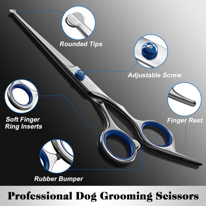 Professional 4 in 1 Dog & Cat Grooming Scissors Kit with Safety Round Tips,Sharp & Durable,Dog Shears for Grooming - Includes Straight, Curved, Thinning Scissors and Comb - Premium Pet Supplies - Image 4