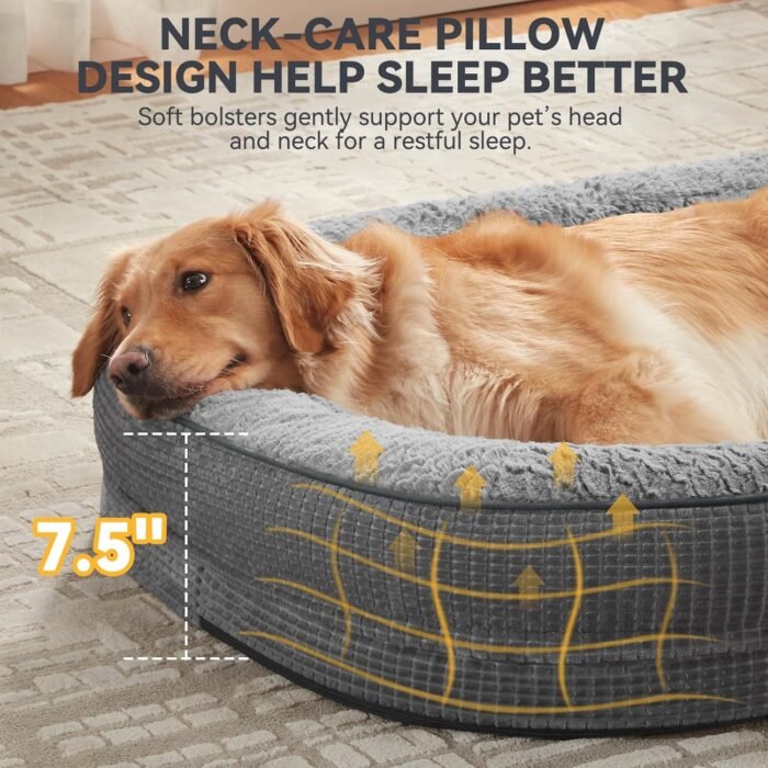 JOEJOY Orthopedic Dog Beds Large Sized Dog, XL Egg-Crate Memory Foam Pet Couch Bed with Bolster Sides, Waterproof Lining, Removable Washable Cover & Non-Slip Bottom, Grey - Image 5