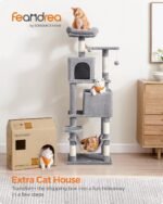 Feandrea Cat Tree, 61-Inch Cat Tower for Indoor Cats, Plush Multi-Level Cat Condo with 5 Scratching Posts, 2 Perches, 2 Caves, Hammock, 2 Pompoms, Light Gray UPCT192W01 - Image 3