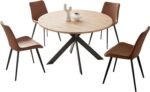 46.4" Round Dining Table Set, Mid Century Modern Round Dining Table for 4-6 Person, w/Steel Legs, Coffee Table for Kitchen Dining Room, Office, Save Space (1 Table with 4 Brown Chairs) - Image 3