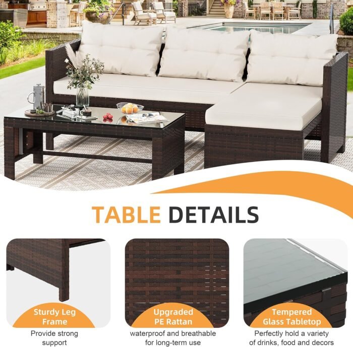 Shintenchi Outdoor Patio Furniture Sets, Wicker Patio sectional Sets 3-Piece, All Weather Wicker Rattan Patio Seating Sofas with Glass Coffee Table and Cushion (Beige) - Image 4
