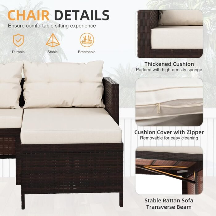 Shintenchi Outdoor Patio Furniture Sets, Wicker Patio sectional Sets 3-Piece, All Weather Wicker Rattan Patio Seating Sofas with Glass Coffee Table and Cushion (Beige) - Image 5