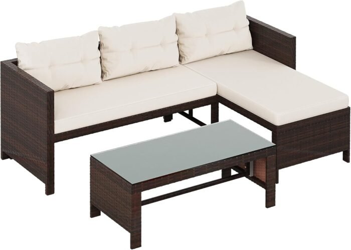 Shintenchi Outdoor Patio Furniture Sets, Wicker Patio sectional Sets 3-Piece, All Weather Wicker Rattan Patio Seating Sofas with Glass Coffee Table and Cushion (Beige) - Image 9