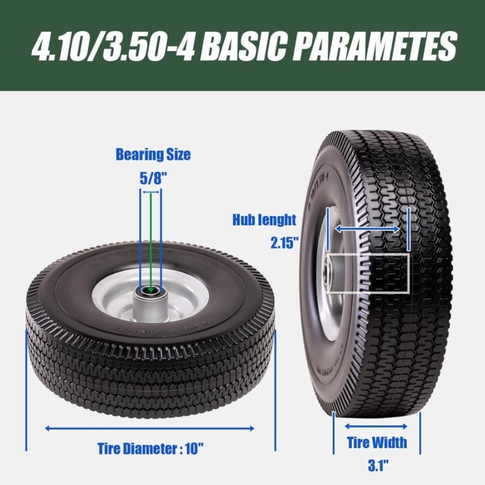 4.10/3.50-4 Tire & Wheel Flat Free, 2 Pcs Heavy Duty Solid PU Non-inflated Tires with Double Sealed Bearings, 5/8 in Axle Bore Hole & 2.15 in Offset Hub for Dolly/Garden Cart/Wheelbarrow/Wagon - Image 3