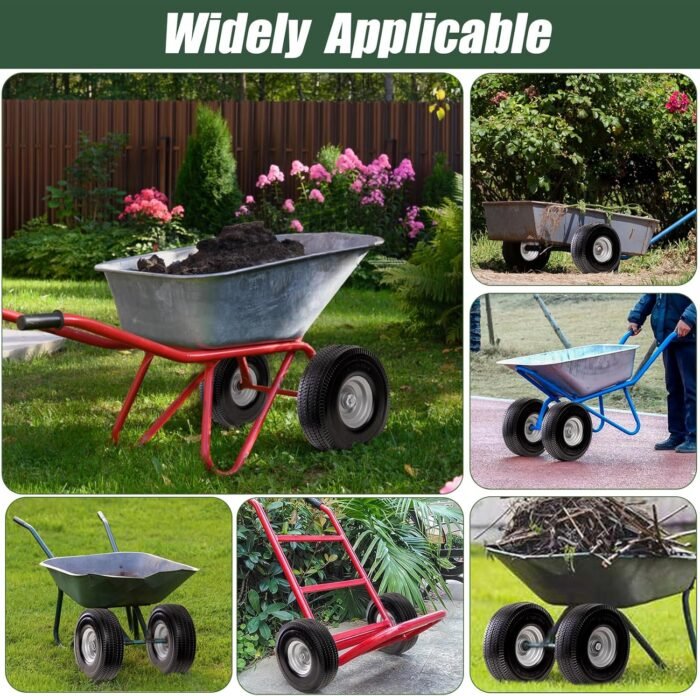 4.10/3.50-4 Tire & Wheel Flat Free, 2 Pcs Heavy Duty Solid PU Non-inflated Tires with Double Sealed Bearings, 5/8 in Axle Bore Hole & 2.15 in Offset Hub for Dolly/Garden Cart/Wheelbarrow/Wagon - Image 7