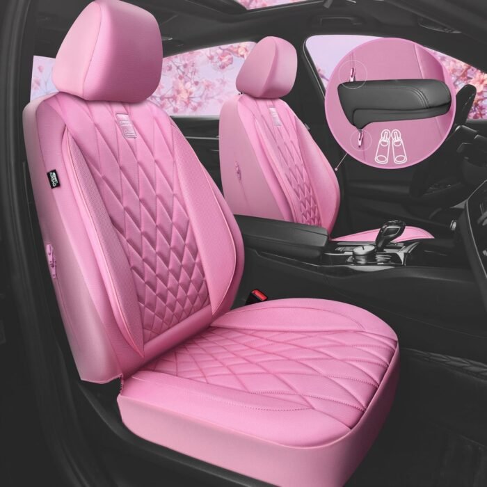 CAR PASS 5 Seats Piping Luxury Leather Seat Covers Full Set, Anti-Slip Waterproof Seat Covers Compatible with Front Armrests, Universal Fit for Suvs,Vans,Trucks,Airbag Compatible, Pure Pink - Image 3
