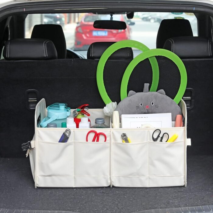 Car Trunk Organizer Car Storage Organizer Collapsible Multi Compartment Car Organizer Adjustable Straps for SUV(Beige) - Image 3