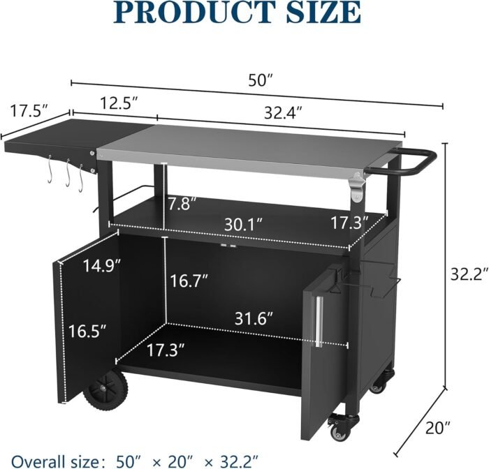 JY QAQA Outdoor Grill Cart with Storage,Patio Kitchen Island Outdoor Grill Table with Wheels,BBQ Cart Movable Pizza Oven Table Stand, Storage Cabinet, Foldable Tabletop, (Black) - Image 3