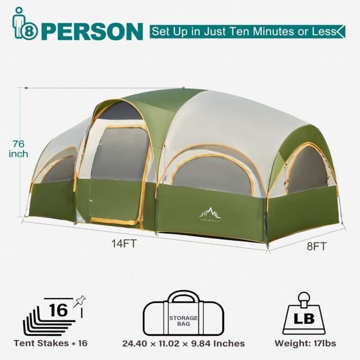 8 Person Tent for Camping, Waterproof Windproof Family Tent with Rainfly, Divided Curtain Design for Privacy Space, Portable with Carry Bag - Image 3