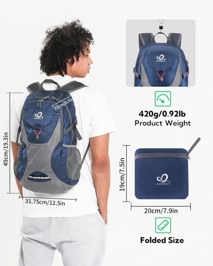 WATERFLY Lightweight Packable Hiking Backpack: 30L Foldable Travel Daypack Ultralight Camping Day Pack for Woman Man - Image 3