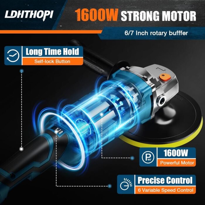 Buffer Polisher, 1600W 7 Inch/6 Inch Rotary Buffer Polisher Waxer, 7 Variable Speed 1000-3500 RPM, Detachable Handle for Car, Boat Sanding, Polishing, Waxing - Image 3