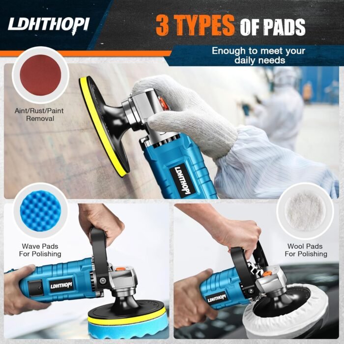 Buffer Polisher, 1600W 7 Inch/6 Inch Rotary Buffer Polisher Waxer, 7 Variable Speed 1000-3500 RPM, Detachable Handle for Car, Boat Sanding, Polishing, Waxing - Image 5