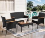 Shintenchi 4-Piece Patio Furniture Set, Outdoor Wicker Patio Conversation Furniture Set with Cushions and Wooden Tabletop for Paito Lawn Backyard, White Cushion - Image 3