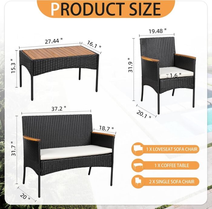 Shintenchi 4-Piece Patio Furniture Set, Outdoor Wicker Patio Conversation Furniture Set with Cushions and Wooden Tabletop for Paito Lawn Backyard, White Cushion - Image 4