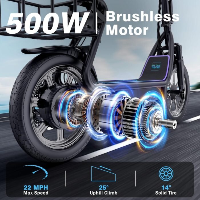 VOLPAM Electric Scooter Adults, Foldable E-Scooter for Adults, 500W Motor, 22 MPH Speed, 27 Mile Range, 14" Tires, Electric Kick Scooter with Seat, Dual/Braking System - Image 3