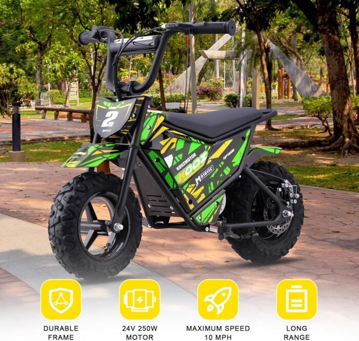 KOOZ 24V 250W Electric Dirt Bike - High Performance Kids Electric Motorcycle with 2-Speed Modes Up to 10 MPH & 7.5 Miles Long-Range, 12/13" Fat Tire Dual Disc Brakes Gift for Kids 3-7, Green - Image 3
