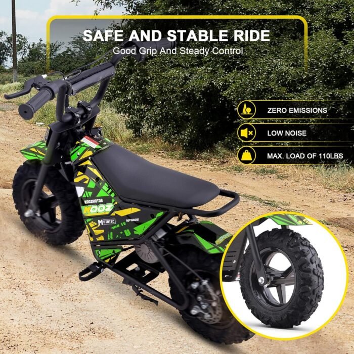 KOOZ 24V 250W Electric Dirt Bike - High Performance Kids Electric Motorcycle with 2-Speed Modes Up to 10 MPH & 7.5 Miles Long-Range, 12/13" Fat Tire Dual Disc Brakes Gift for Kids 3-7, Green - Image 4