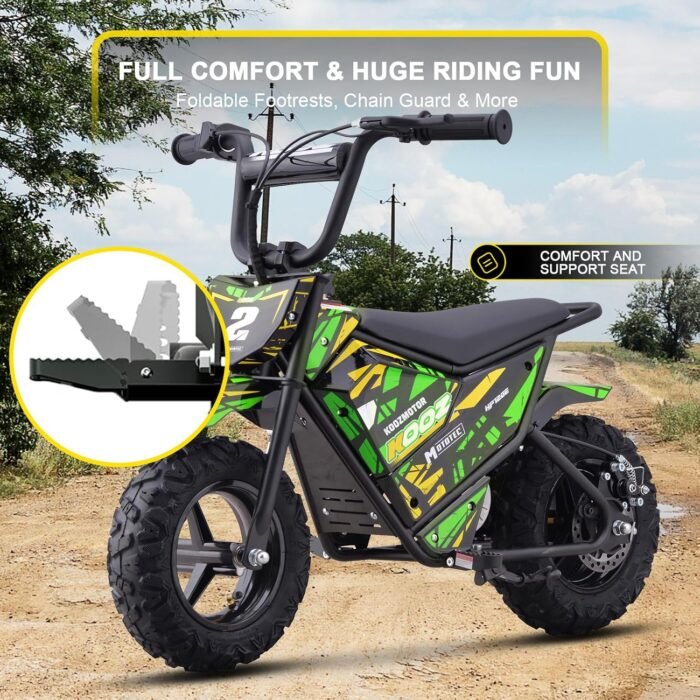 KOOZ 24V 250W Electric Dirt Bike - High Performance Kids Electric Motorcycle with 2-Speed Modes Up to 10 MPH & 7.5 Miles Long-Range, 12/13" Fat Tire Dual Disc Brakes Gift for Kids 3-7, Green - Image 6