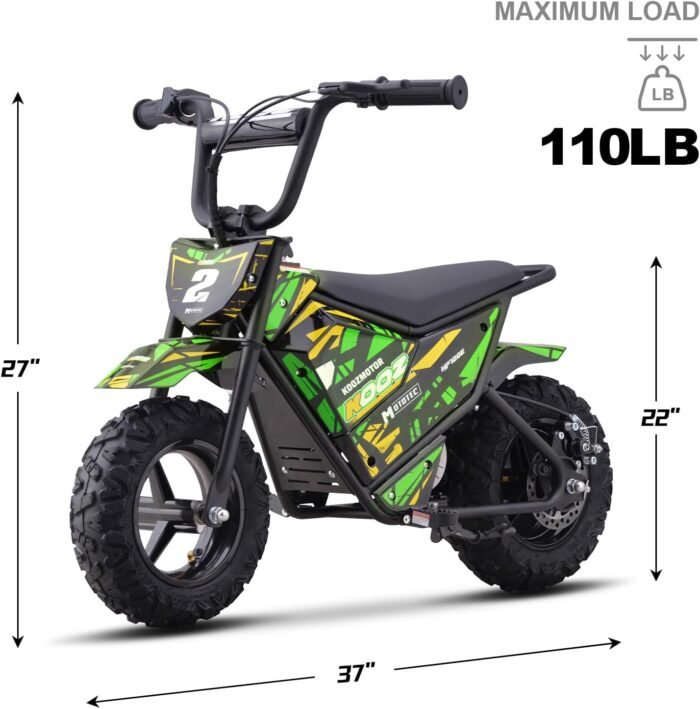 KOOZ 24V 250W Electric Dirt Bike - High Performance Kids Electric Motorcycle with 2-Speed Modes Up to 10 MPH & 7.5 Miles Long-Range, 12/13" Fat Tire Dual Disc Brakes Gift for Kids 3-7, Green - Image 8
