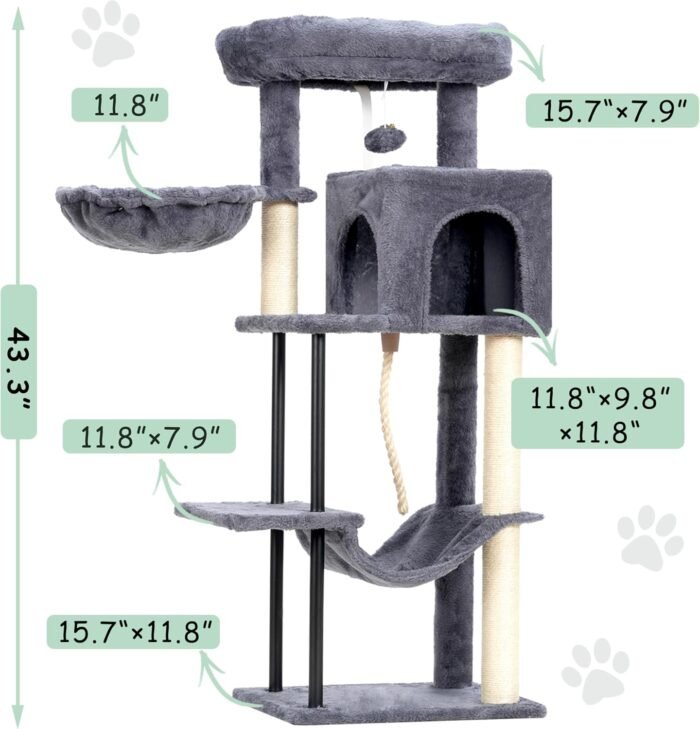 Cat Tree, Cat Tower for Indoor Cats, 43.3 inch Cat Tree Tower with Sturdy Steel Tube, Hammock, Cat Condo for Small Cats and Kittens, Scratching Post, Smoky Gray GCT004SG - Image 4