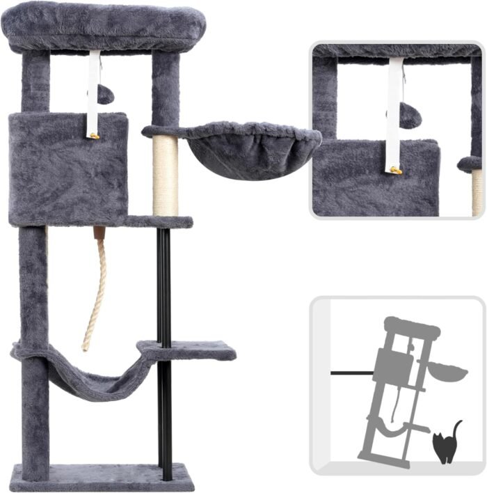 Cat Tree, Cat Tower for Indoor Cats, 43.3 inch Cat Tree Tower with Sturdy Steel Tube, Hammock, Cat Condo for Small Cats and Kittens, Scratching Post, Smoky Gray GCT004SG - Image 9