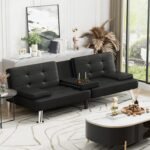 Homall Futon Sofa Bed, Leather Futon Couch with Removable Armrests, Adjustable Recliner Sleeper Sofa Bed with Dual Cup Holders for Living Room, Apartment, Office (Black) - Image 3