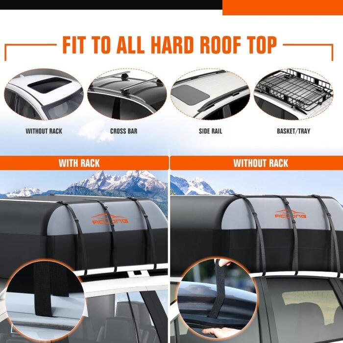 ACLONG 21 Cubic Feet Car Roof Bag 840D Waterproof Rooftop Cargo Carrier Bag for All Cars with/Without Racks Includes Anti-Slip Mat Storage Bag Combination Lock 6 Door Hooks - Image 3