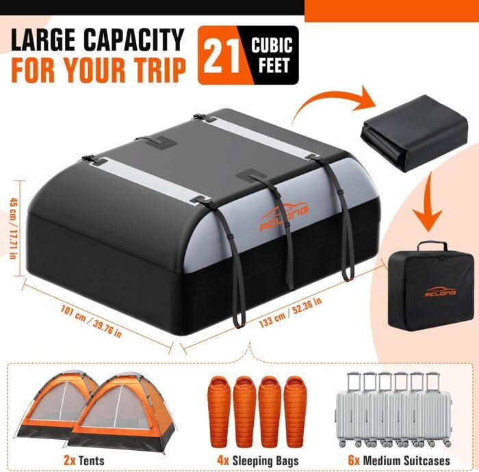 ACLONG 21 Cubic Feet Car Roof Bag 840D Waterproof Rooftop Cargo Carrier Bag for All Cars with/Without Racks Includes Anti-Slip Mat Storage Bag Combination Lock 6 Door Hooks - Image 4