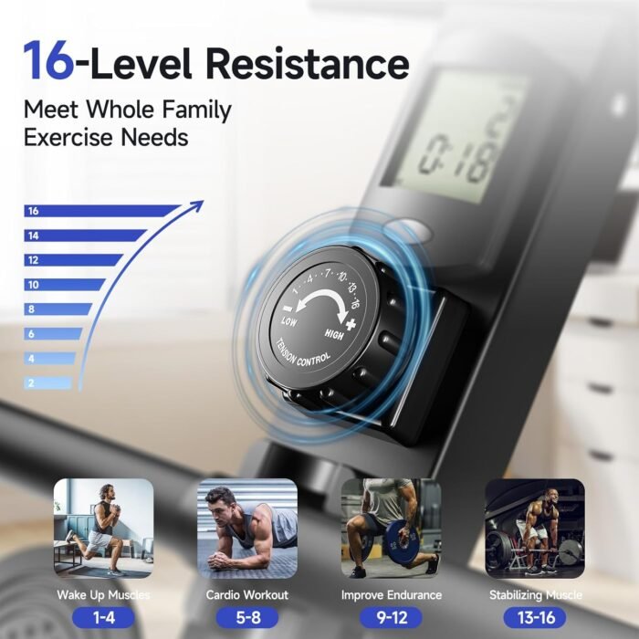 Rowing Machines for Home, Magnetic Row Machine Foldable, 16 Levels Quiet Resistance Rowing Machine with Dual Slide Rail, Folding Indoor Rowers Compact with Max 350lb Weight Capacity - Image 3