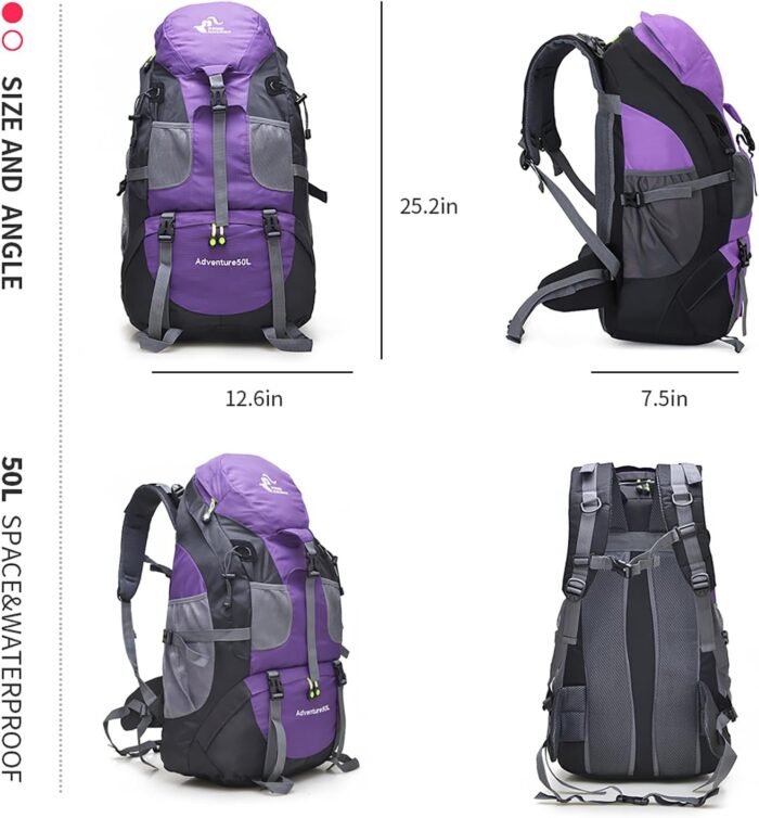 Bseash 50L Hiking Backpack, Water Resistant Lightweight Outdoor Sport Daypack Travel Bag for Camping Climbing Skiing Cycling (Purple - No Shoe Compartment) - Image 3