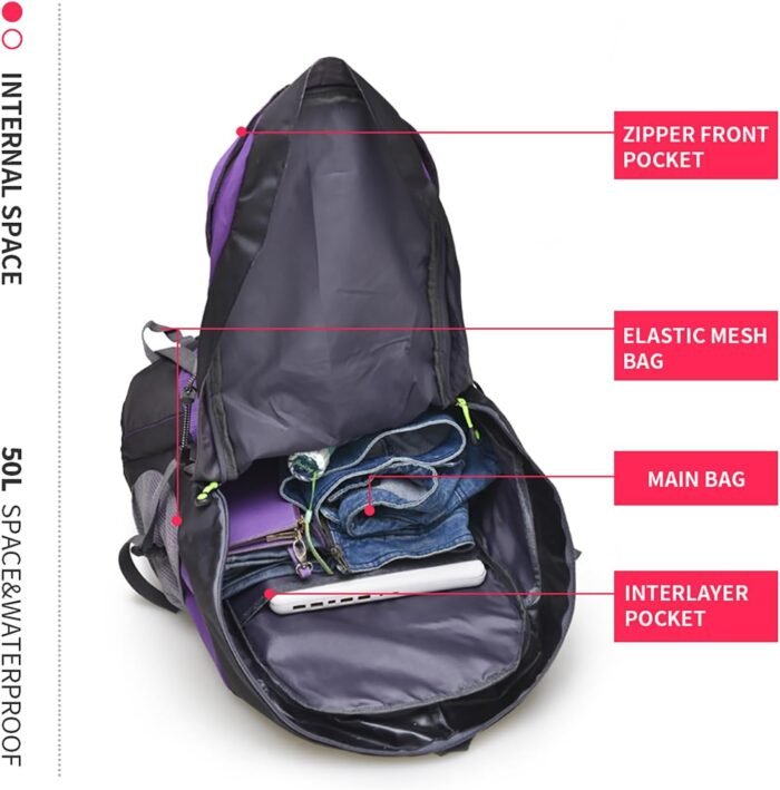 Bseash 50L Hiking Backpack, Water Resistant Lightweight Outdoor Sport Daypack Travel Bag for Camping Climbing Skiing Cycling (Purple - No Shoe Compartment) - Image 5