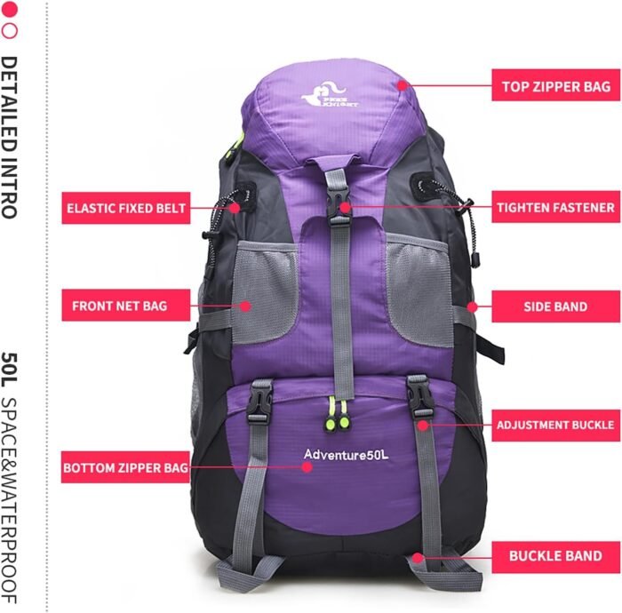 Bseash 50L Hiking Backpack, Water Resistant Lightweight Outdoor Sport Daypack Travel Bag for Camping Climbing Skiing Cycling (Purple - No Shoe Compartment) - Image 6