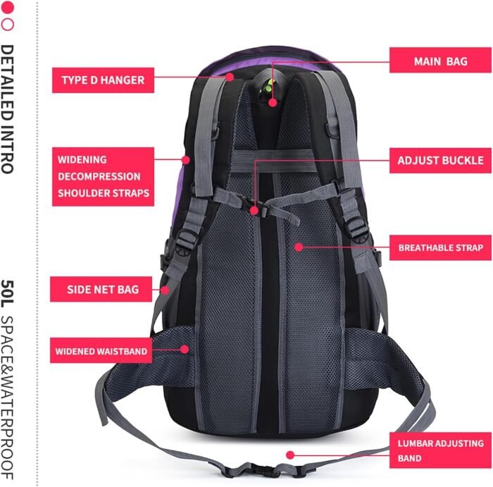 Bseash 50L Hiking Backpack, Water Resistant Lightweight Outdoor Sport Daypack Travel Bag for Camping Climbing Skiing Cycling (Purple - No Shoe Compartment) - Image 7