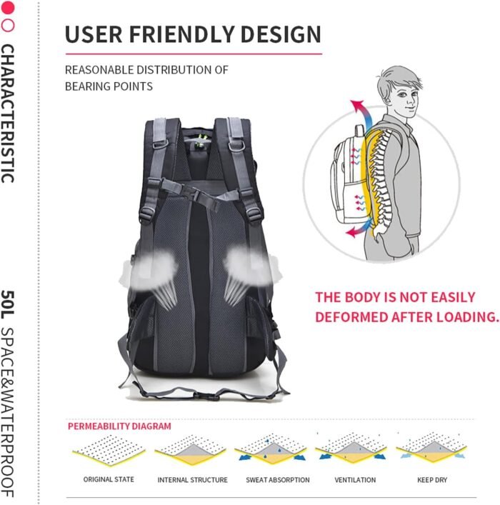 Bseash 50L Hiking Backpack, Water Resistant Lightweight Outdoor Sport Daypack Travel Bag for Camping Climbing Skiing Cycling (Purple - No Shoe Compartment) - Image 8