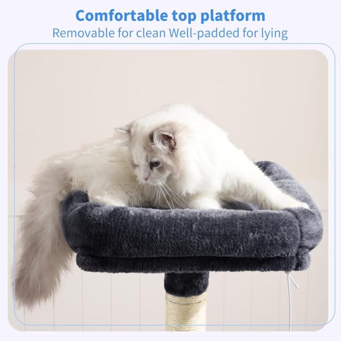 Heybly Cat Tree with Toy, Cat Tower Condo for Indoor Cats, Cat House with Padded Plush Perch, Cozy Hammock and Sisal Scratching Posts, Smoky Gray HCT004SG - Image 3
