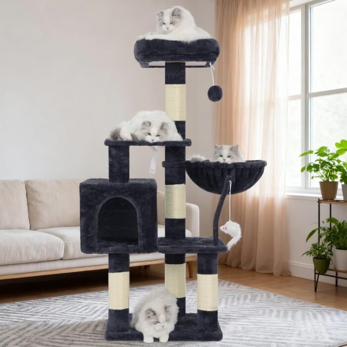 Heybly Cat Tree with Toy, Cat Tower Condo for Indoor Cats, Cat House with Padded Plush Perch, Cozy Hammock and Sisal Scratching Posts, Smoky Gray HCT004SG - Image 9