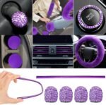 Woanger 47 Car Seat Cover Full Set for Women Included Car Front Rear Seat Fluffy Steering Wheel Cover Belt Automotive Floor Mats Air Conditioner Decoration Strip Universal(Purple Black) - Image 5