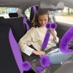 Woanger 47 Car Seat Cover Full Set for Women Included Car Front Rear Seat Fluffy Steering Wheel Cover Belt Automotive Floor Mats Air Conditioner Decoration Strip Universal(Purple Black) - Image 6