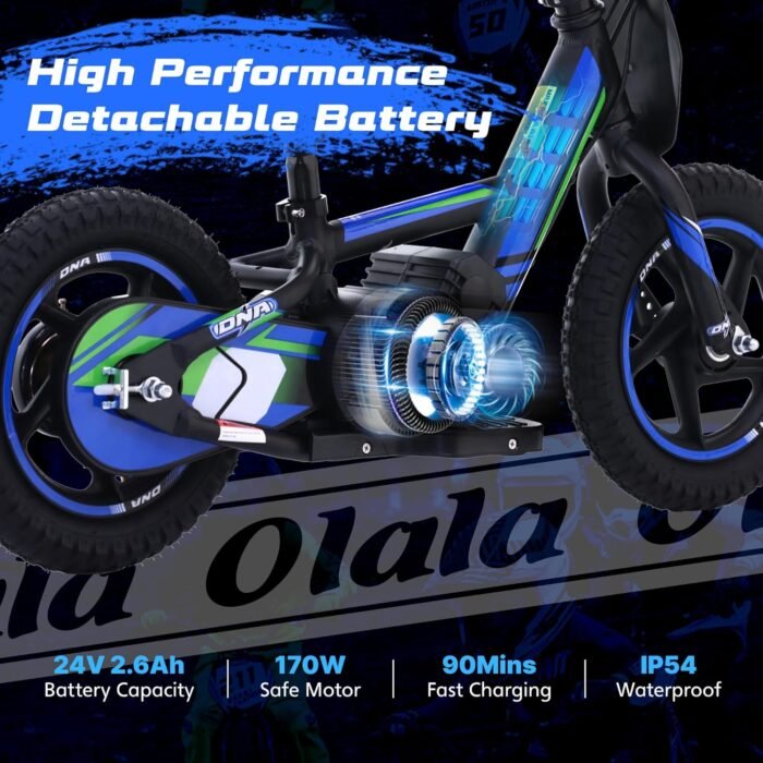 OLALA Electric Dirt Bike for Kids Aged 3-6, 170W Racing Grade Electric Motorcycle, New Aluminum Frame with 2 Power Modes, 24V Detachable Battery, 12IN Knobby Tires - Image 4
