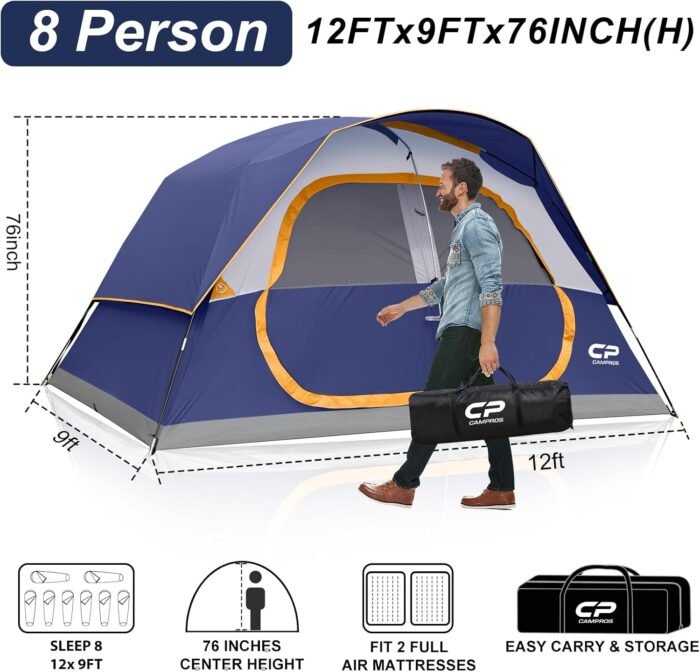 CAMPROS CP Tent 8 Person Camping Tents, Waterproof Windproof Family Tent with Top Rainfly, Large Mesh Windows, Double Layer, Easy Set Up, Portable with Carry Bag, for All Seasons - Image 3
