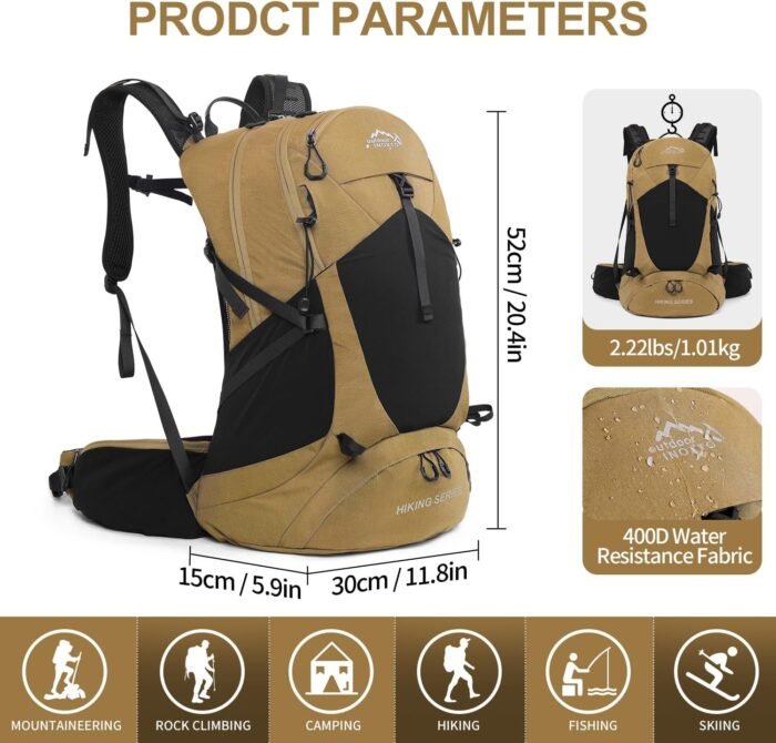 Hiking Backpack, Waterproof Hiking Daypack with 3L Water Bladder and Rain Cover, Lightweight Travel Camping Backpack for Men Women (Khaki) - Image 3