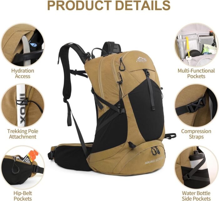 Hiking Backpack, Waterproof Hiking Daypack with 3L Water Bladder and Rain Cover, Lightweight Travel Camping Backpack for Men Women (Khaki) - Image 4